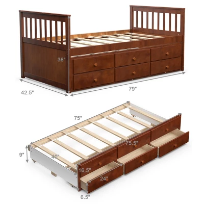 Costway Twin Captain's Bed Bunk Bed Alternative W/ Trundle & Drawers For Kids WalnutEspressoWhite 4 Costway Twin Captain's Bed Bunk Bed Alternative W/ Trundle & Drawers For Kids WalnutEspressoWhite - Image 2